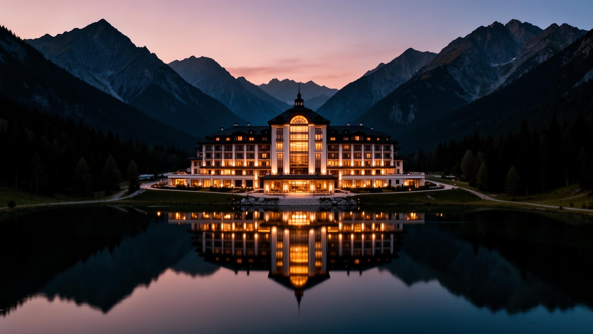 Resort de lux pe malul unui lac alpin în Carpați la apus, reflexie perfectă pe apă
