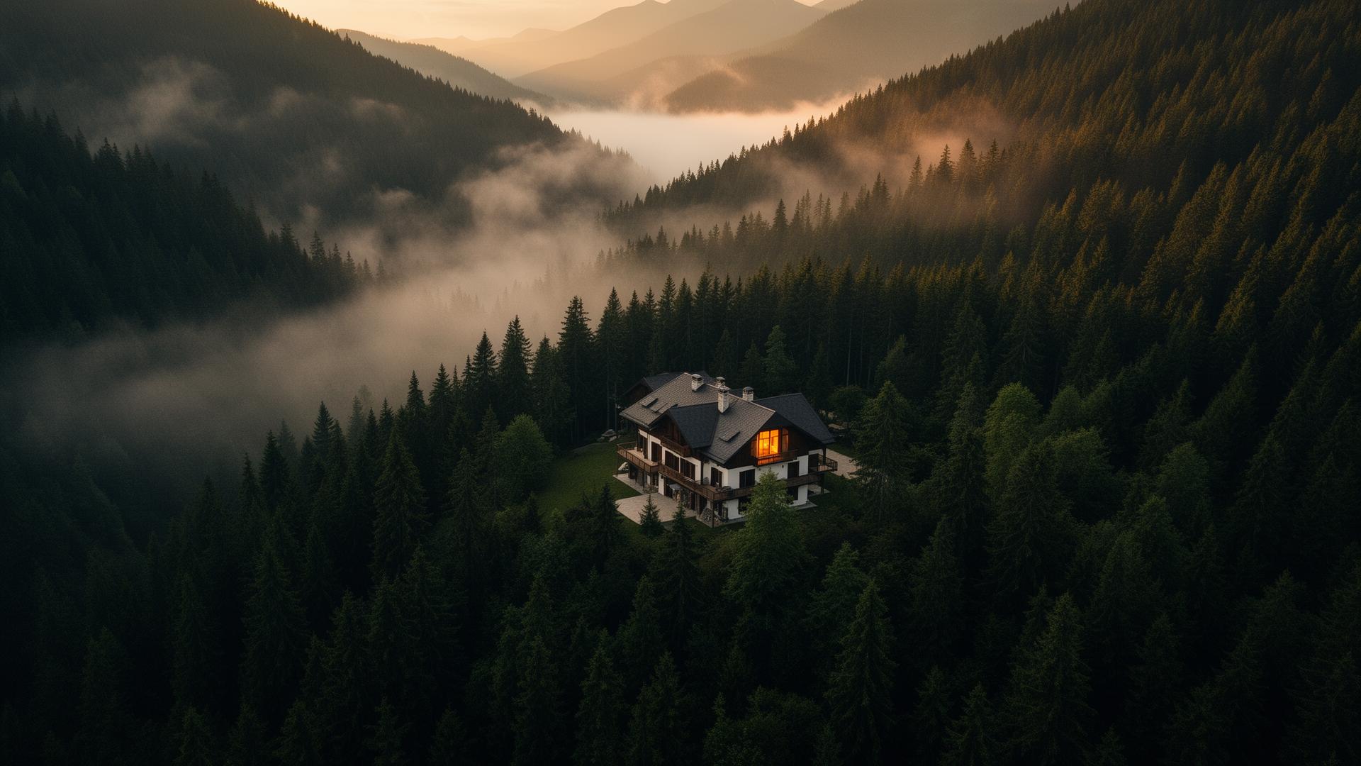 Resort boutique izolat în pădurea Carpaților la apus, învăluit de ceață aurie