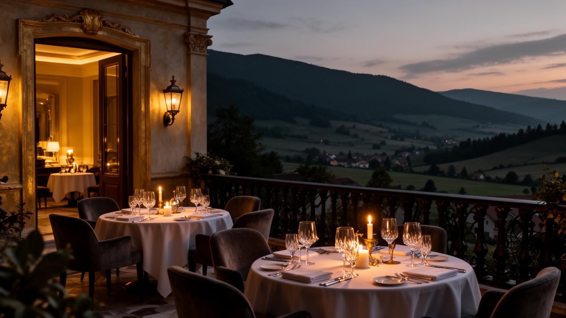 Terasă elegantă de hotel boutique românesc la apus, mese pregătite, vale liniștită în fundal
