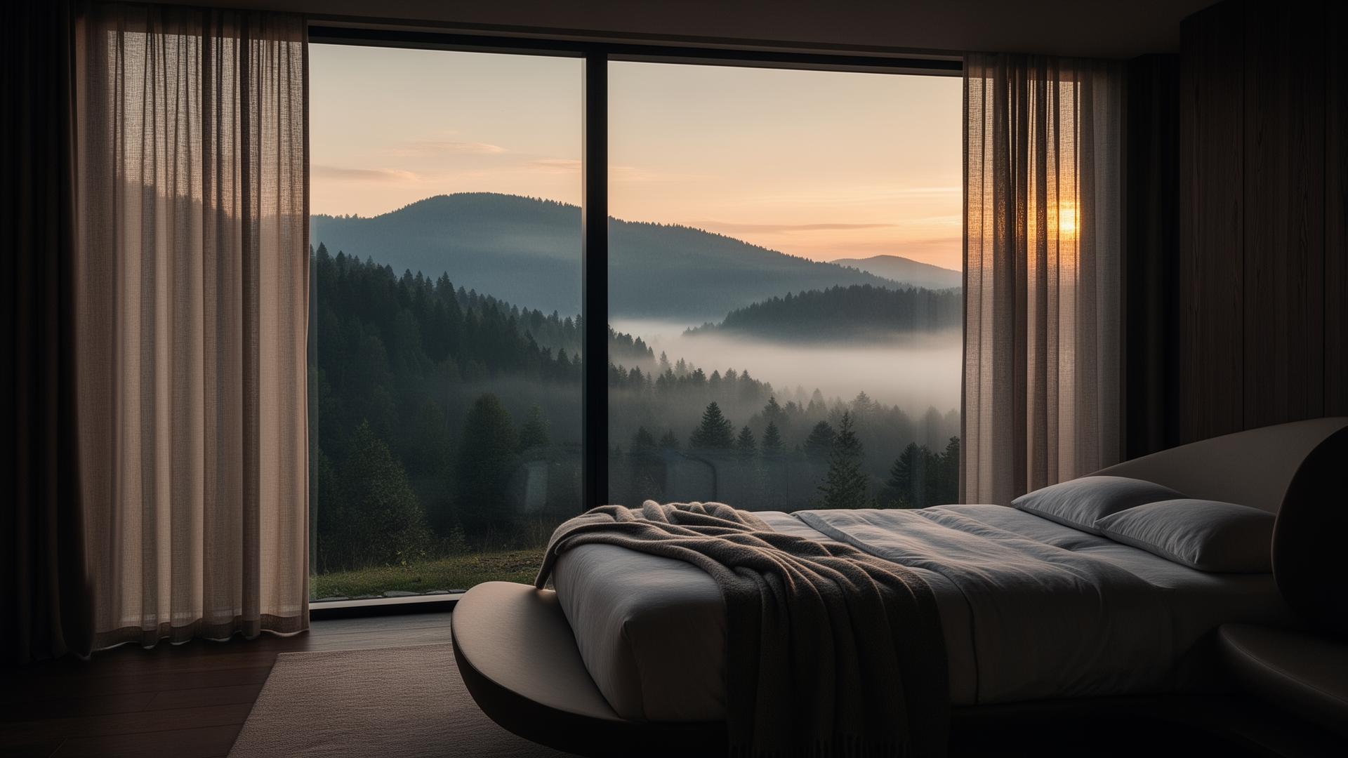 Suită minimalistă cu vedere spre dealurile împădurite din Bucovina la răsărit